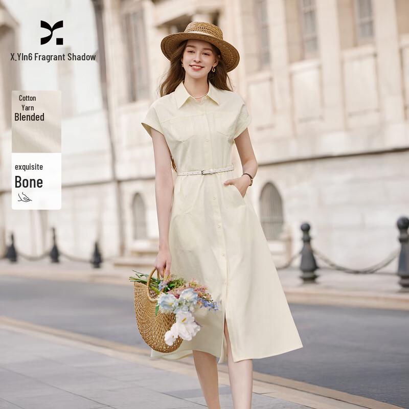 Xiangying Women s French Commuter Short Sleeve A-Line Shirt Dress L