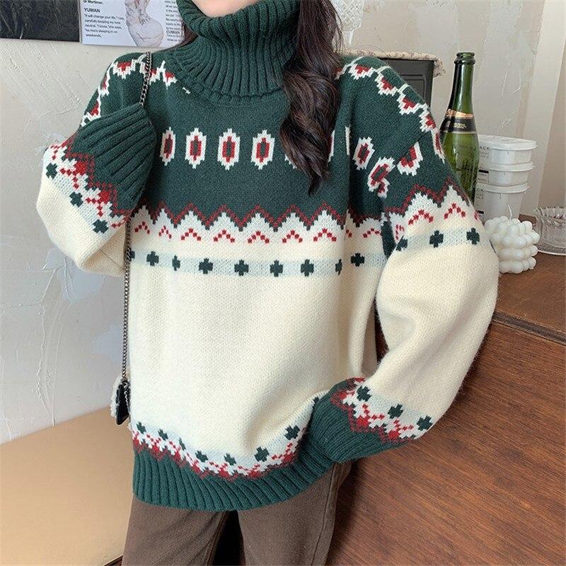 Suéteres navideños Otoño Invierno Sueltos Estilo coreano Cuello alto Suéteres de punto Casuales Manga larga Suéteres de jersey gruesos