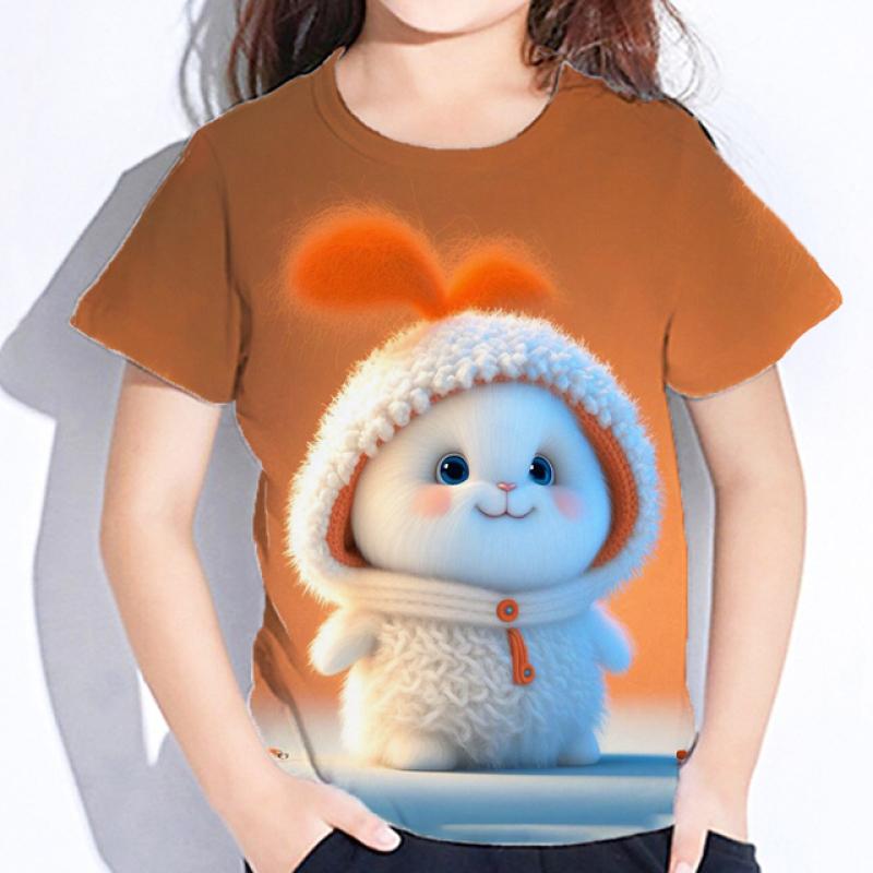 Girl Clothing Hairy Cute Animals Rabbit T-Shirt For Kids Clothes From 8 To 14 Years Old Cat Tops Children Tshirts Summer Tees