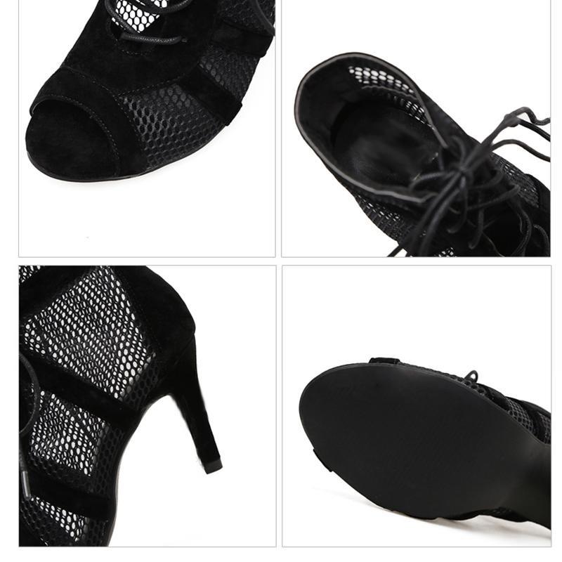 Aneikeh 7CM Middle Heel Ankle Strap Hollow Out Mesh Ankle Boots 2023 Fashion Summer Lace Up Cross-tied Peep Toe Surface Women Dress Shoes Size 35-43