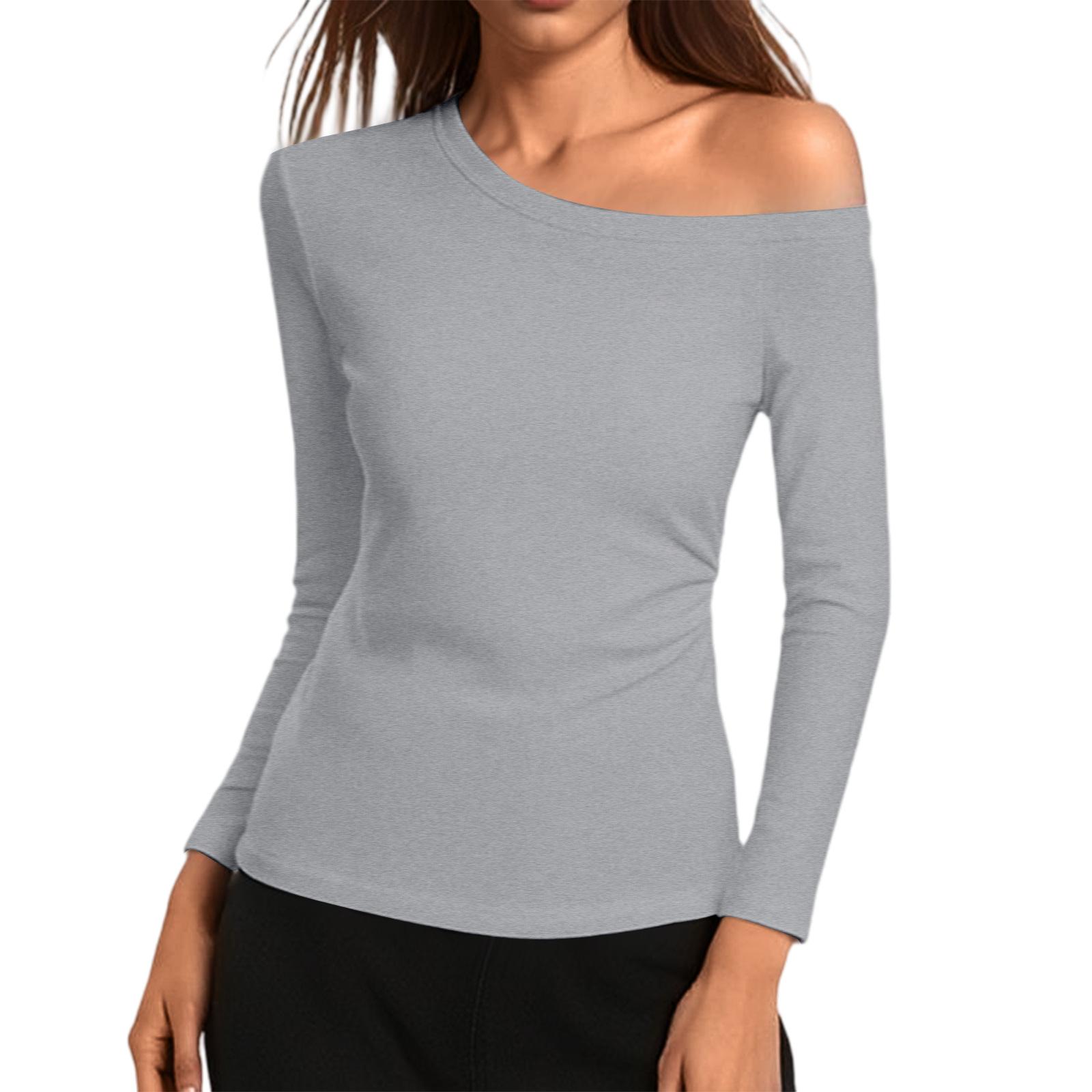 

Women s Fashionable Casual Off-Shoulder Solid Color Long-Sleeved Slim Fit T-Shirt Tops XL