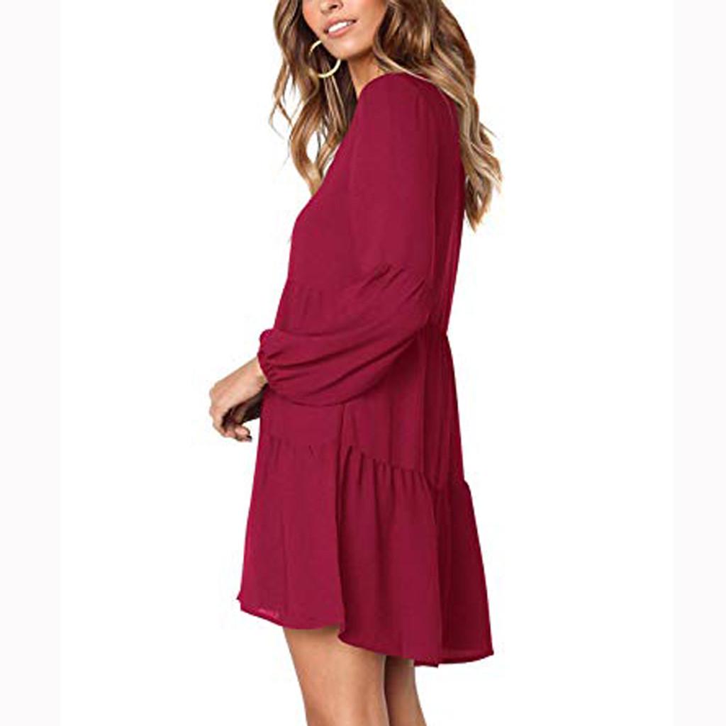 Fashion Women Long Sleeve V-Neck Draped Flowy Swing Dress