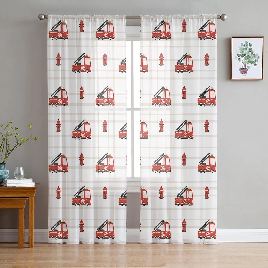 Tende Trasparenti Grigie con Camion dei Pompieri a Cartoni Animati per Camera da Letto Soggiorno Decorazione Tenda per Finestra per Cucina Tende in Tulle Voile Organza