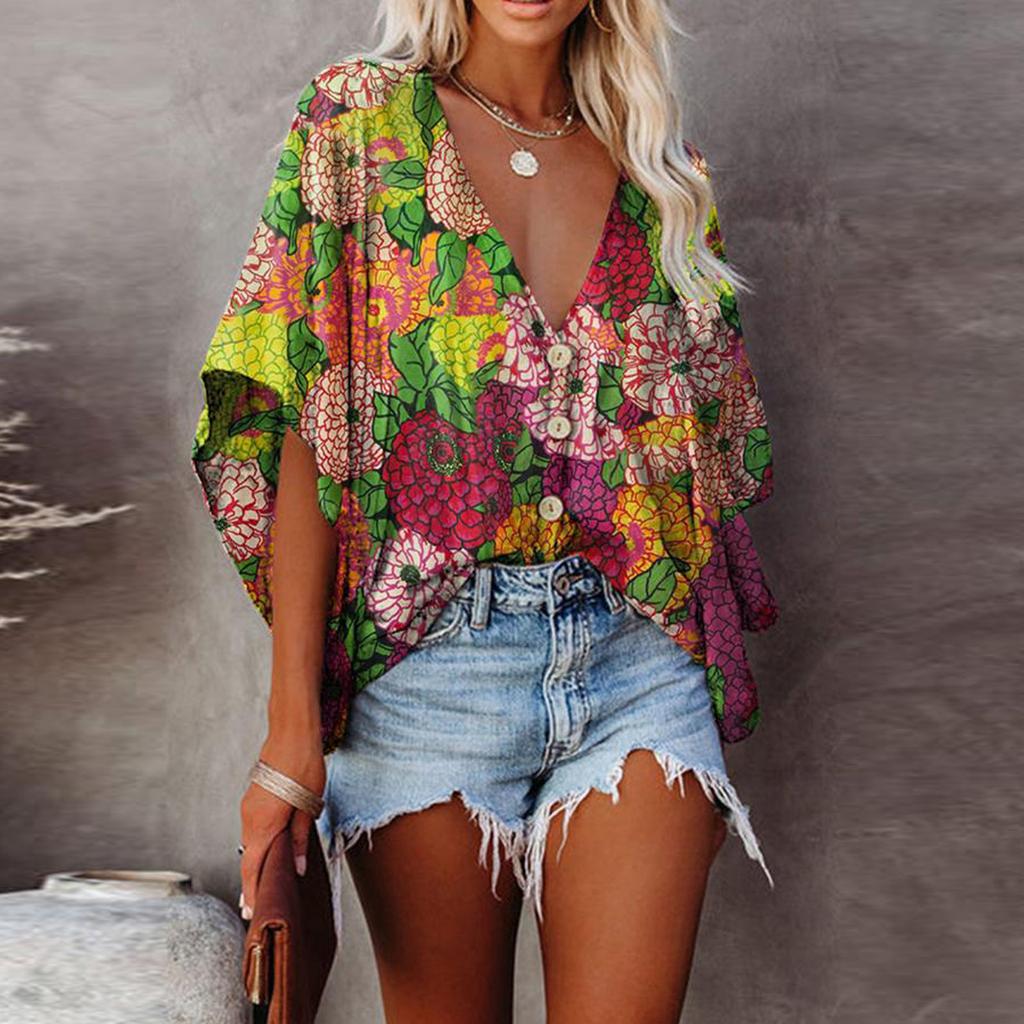 Women's Casual V-Neck Digital Printing Shirt Sleeves Blouse Loose Tops