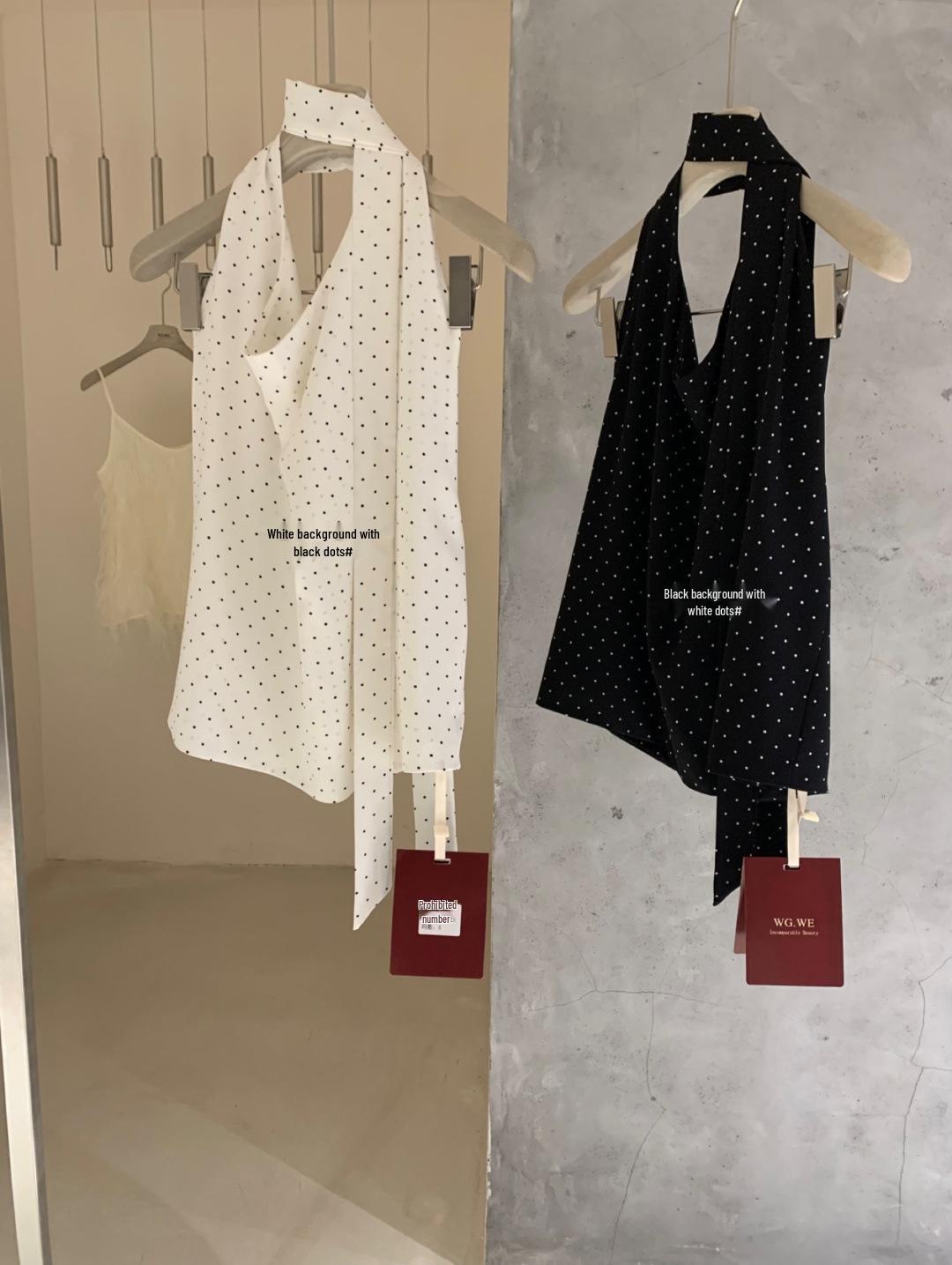 Women s Spring/Summer V-neck Polka Dot Halter Lace-up Top - Trendy Medium