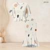 Women Plus Size Off White Abstract Printed Two Piece Set Round Neck Batwing Sleeve Ruffle Hem Top Fishtail Skirt