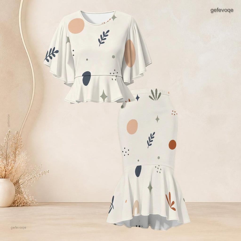 Women Plus Size Round Neck Batwing Sleeve Printed Ruffle Hem Top Fishtail Skirt Two Piece Set