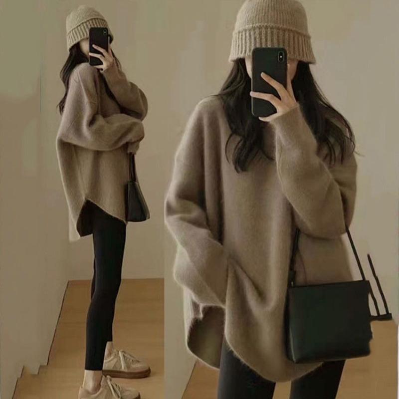 Medium and Long Sweater Women's Autumn and Winter Gentle Lazy Wind Solid Color Knitted Bottoming Shirt with Top
