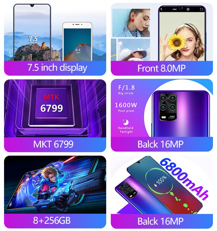 7,5palcový HD+ME10 MTK6799 Mobilní telefony 8GB RAM 512GB ROM 8MP+16MP Smartphone
