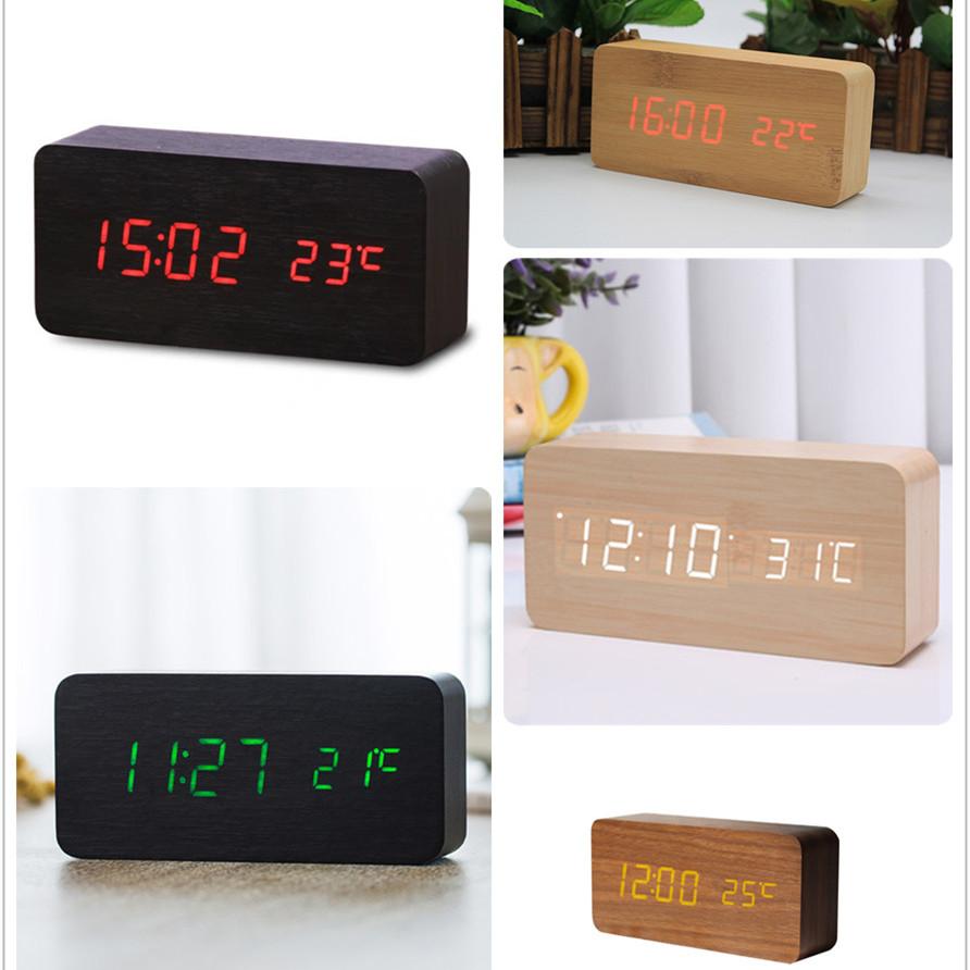Custom logo Modern Voice Control Wooden Digital Desk Alarm Clock with LED Calendar Temperature Display