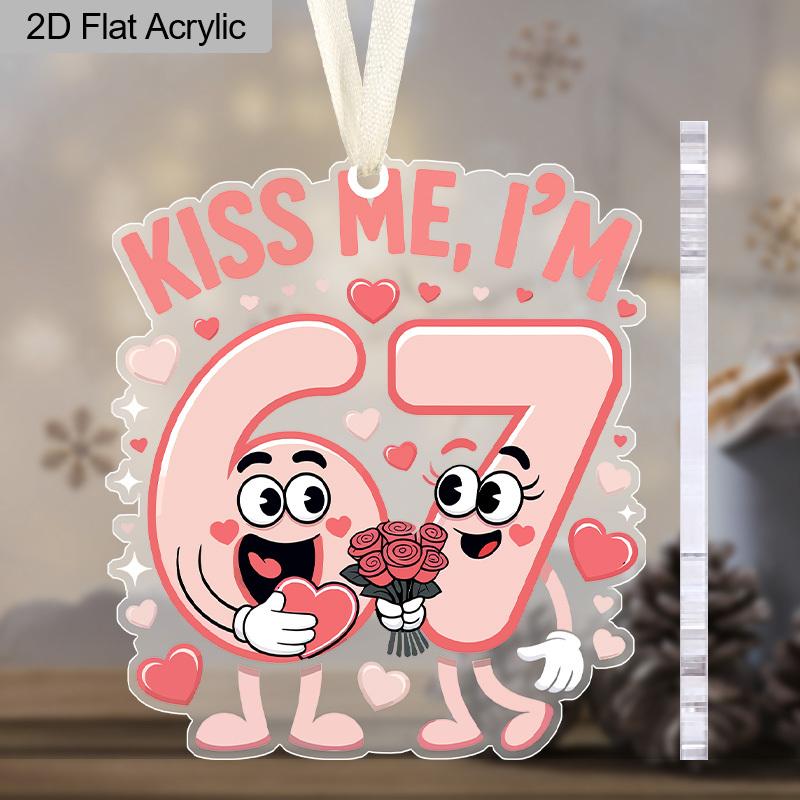 1pc/2pcs Valentine's Day Pink Number 67 Kiss Me Transparent Acrylic Pendant with Milky White Rope, Girlfriend Gift, Wife Gift, Backpack Pendant