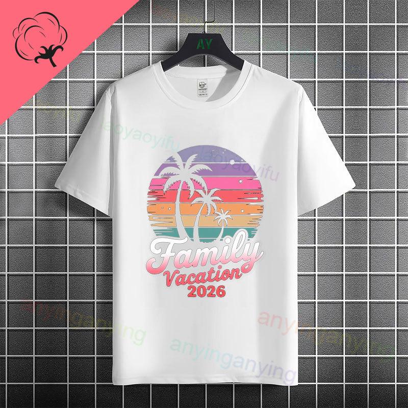 Unisex  Unisexs Family Vacation 2026 Graphic Tshirt With Retro Sunset Palm Tree Desgin Pure Cotton Short Sleeve Casual Tshirt