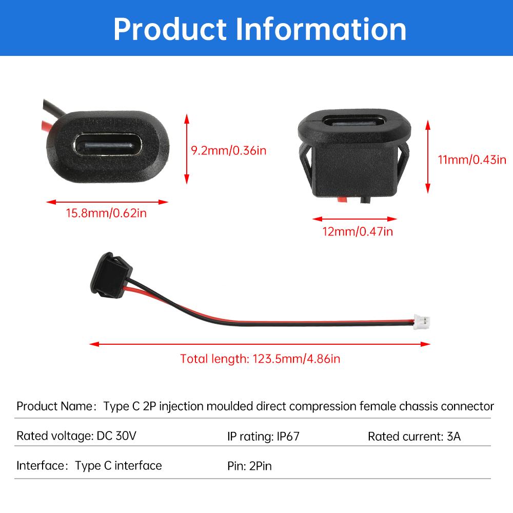 5pcs Type-C Female Chassis 2P Wire USB C Pigtail Cable Extension Power Cable IP67 Waterproof USB-C Plug to 2 Pin Bare Wire Open