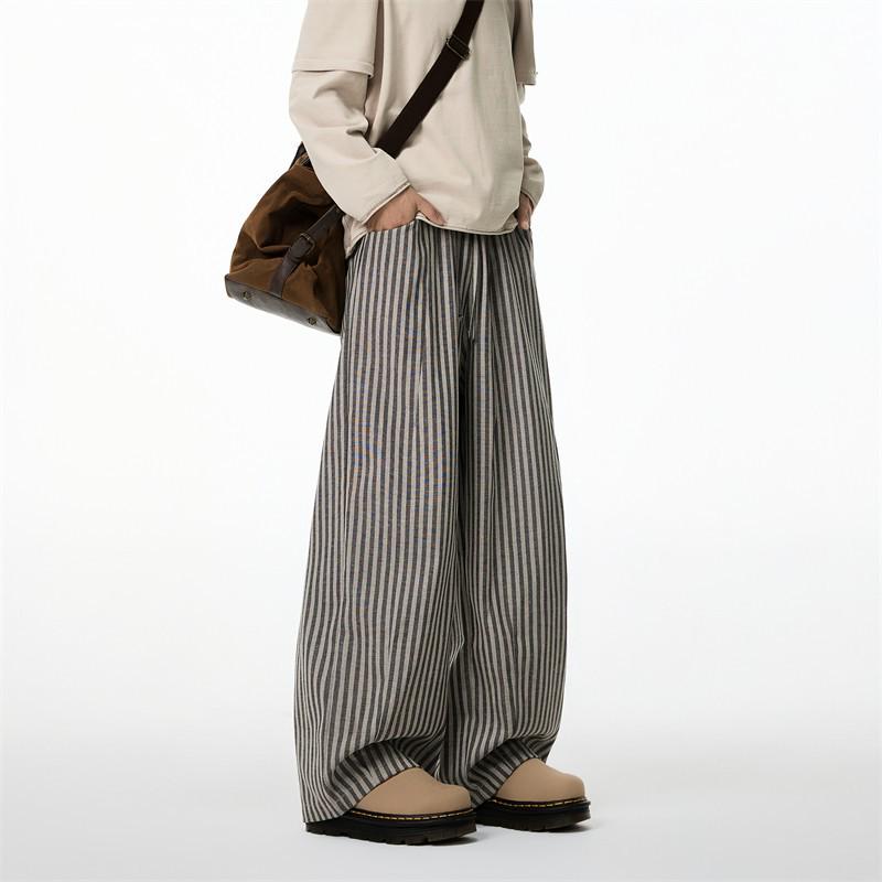 Unisex Relaxed Vertical Stripe Spring Casual Pants - Lazy Style Drapey Straight Leg, Wide Floor-Length Scimitar Design XXL