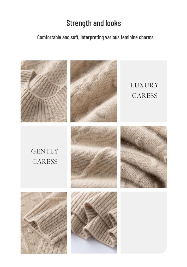 Women's Thickened Cashmere Half-High Neck Diamond Cable Knit Sweater - Long Sleeve Solid Color Pullover