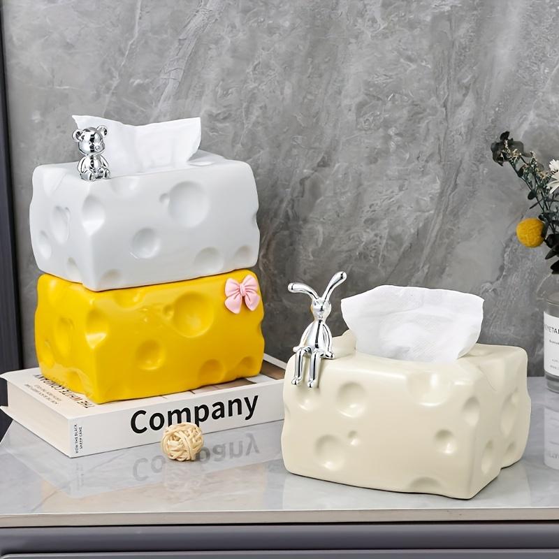 Cheese Shaped Tissue Box Holder Playful White, Yellow Cream Designs, Plastic Material, Perfect for Living Room Decor