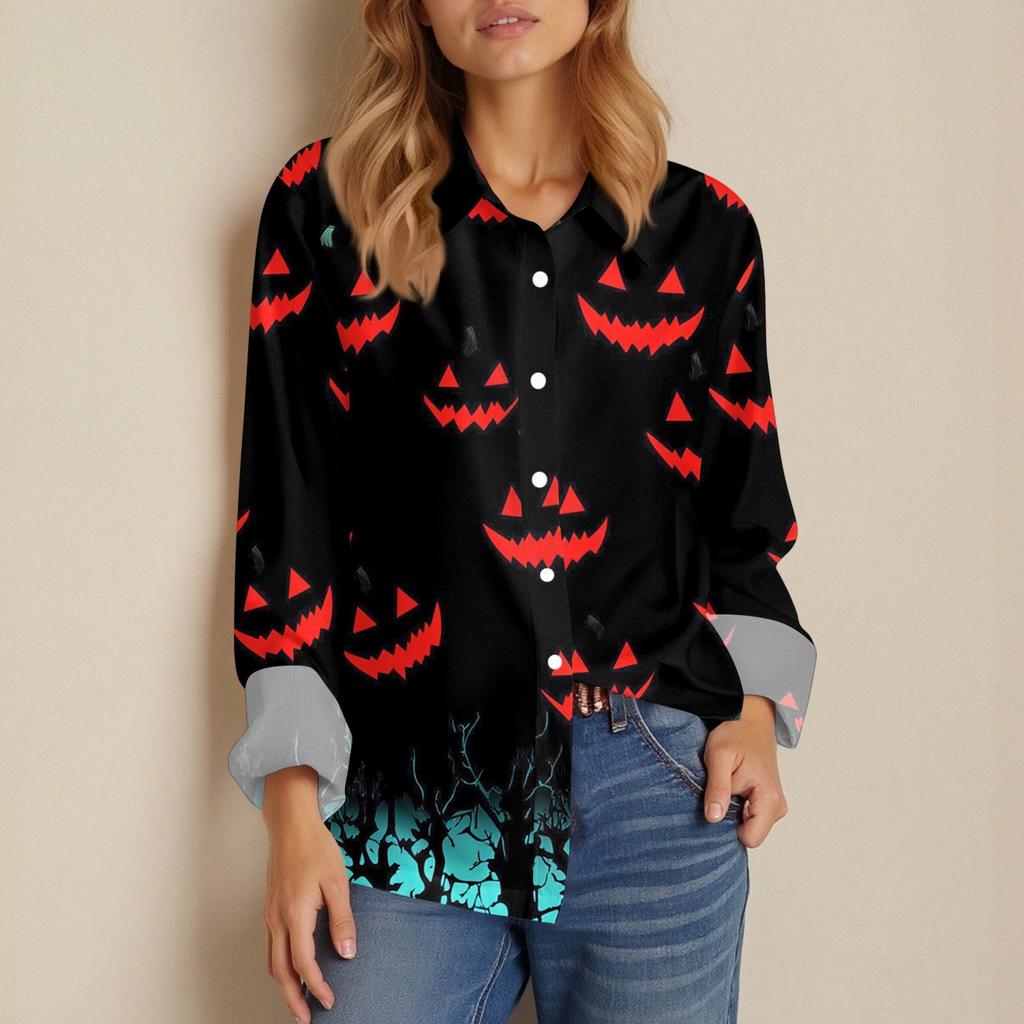 Damen Hemd Bluse Halloween Print Knopf Langarm Lässig Basic Hemdkragen Regulär Top