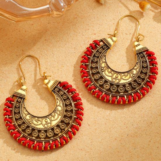 1 Paio di Orecchini Bohemia Stile Retrò Corda Rossa Intrecciata a Mano Intaglio Cavo Pizzo Forme a Sole Orecchini da Spiaggia Festival