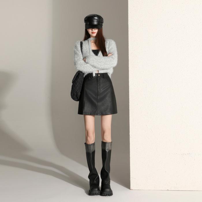 Spicy Maillard Coffee PU Leather Mini Skirt - Sexy, Versatile, Anti-Exposure, Hip-Hugging A-Line for Autumn/Winter