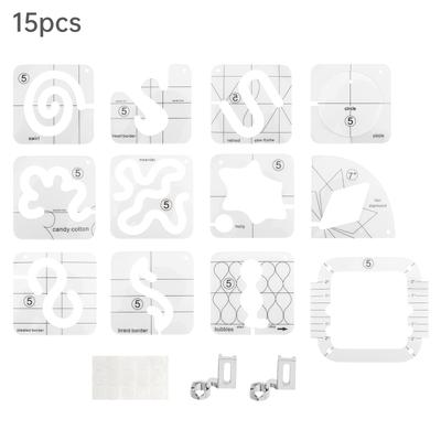 15pcs Acrylic Free Motion Quilting Template Set with 12 Stencils 2 High Shank Ruler Feet Non-Slip Grips for Sewing Machine DIY