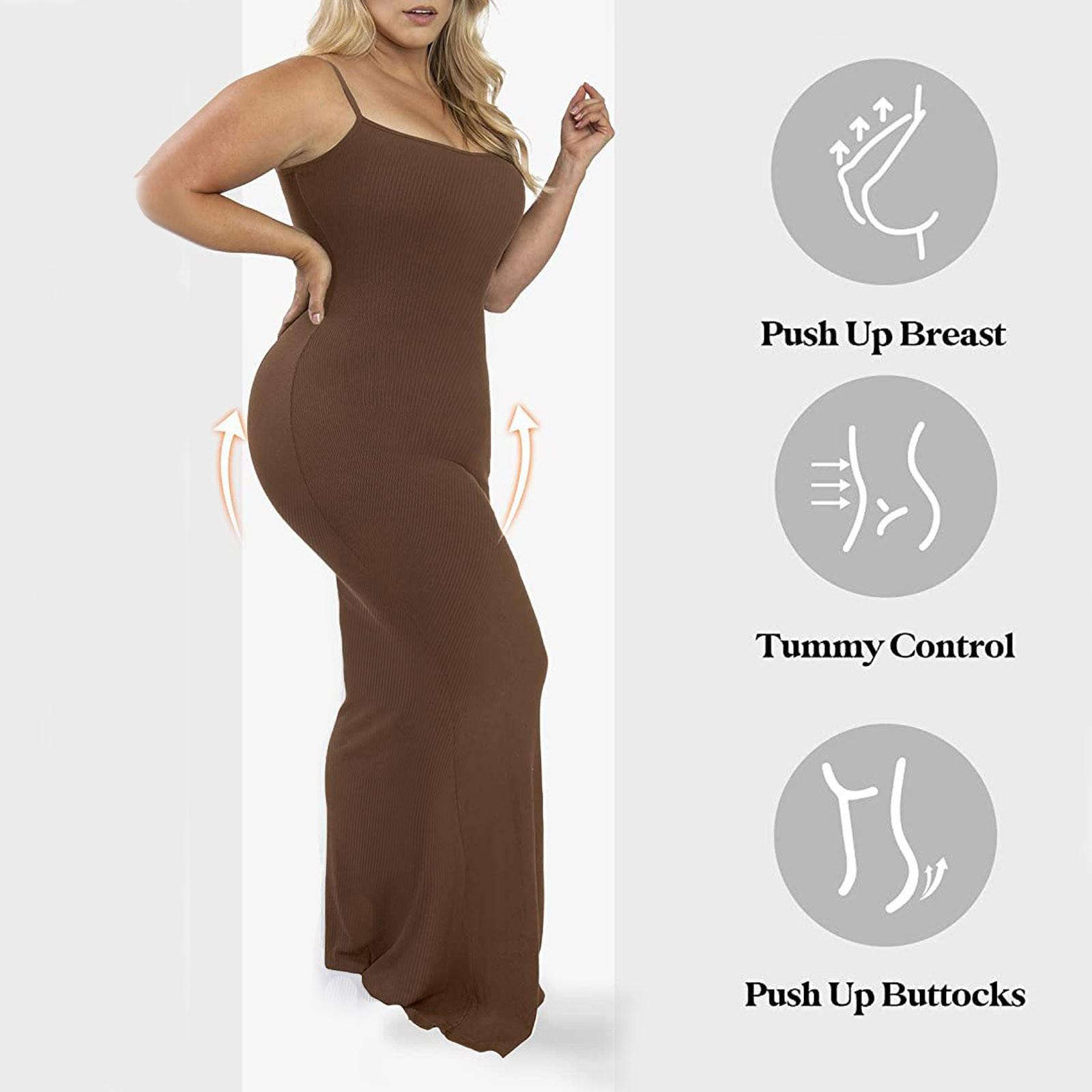 

Весна-лето, новая мода, однотонное тонкое длинное платье с круглым вырезом и длинными рукавами, платье на подтяжках, платье-боди с корсетом два в одном XL коричневый