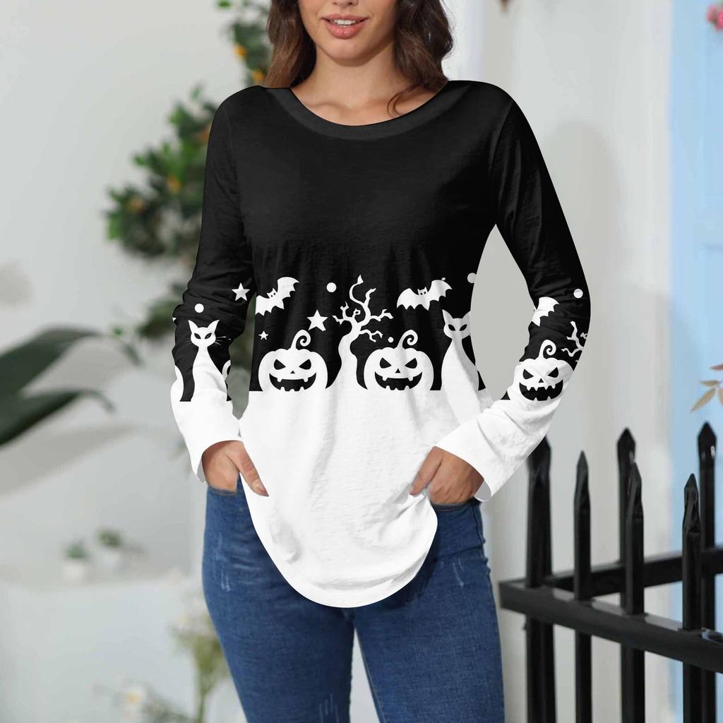 Women's Loose Fit Long Sleeve T-Shirt with Retro Halloween Print, Neck Pullover Top