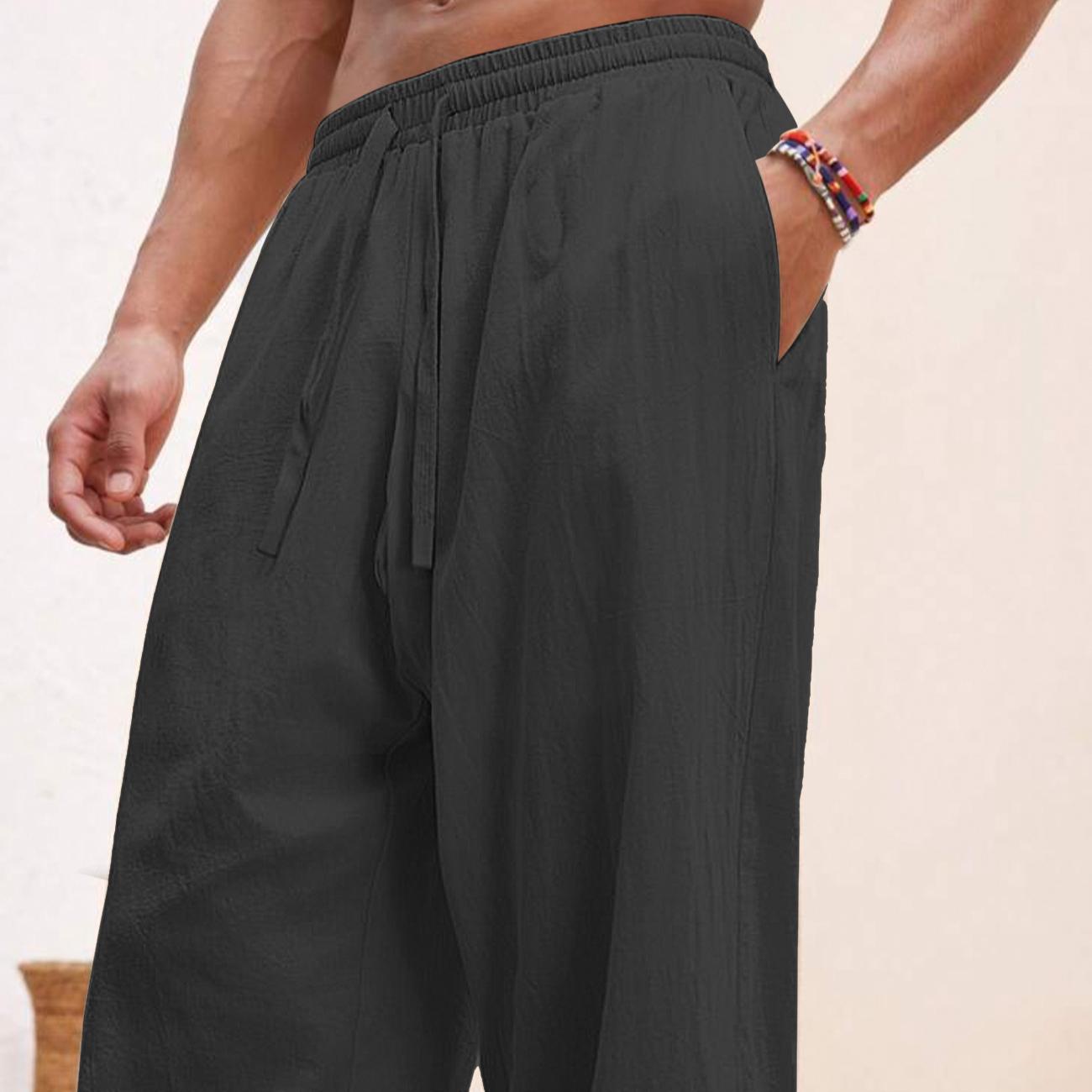 

Европейские и американские мужские льняные прямые свободные брюки однотонные повседневные на шнуровке широкие пляжные брюки XXXL чёрный