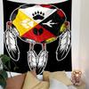 Quartered circle with animal tracks and feathers, in black, red, white, yellow. Patterned tapestry for bedroom and living room home decor