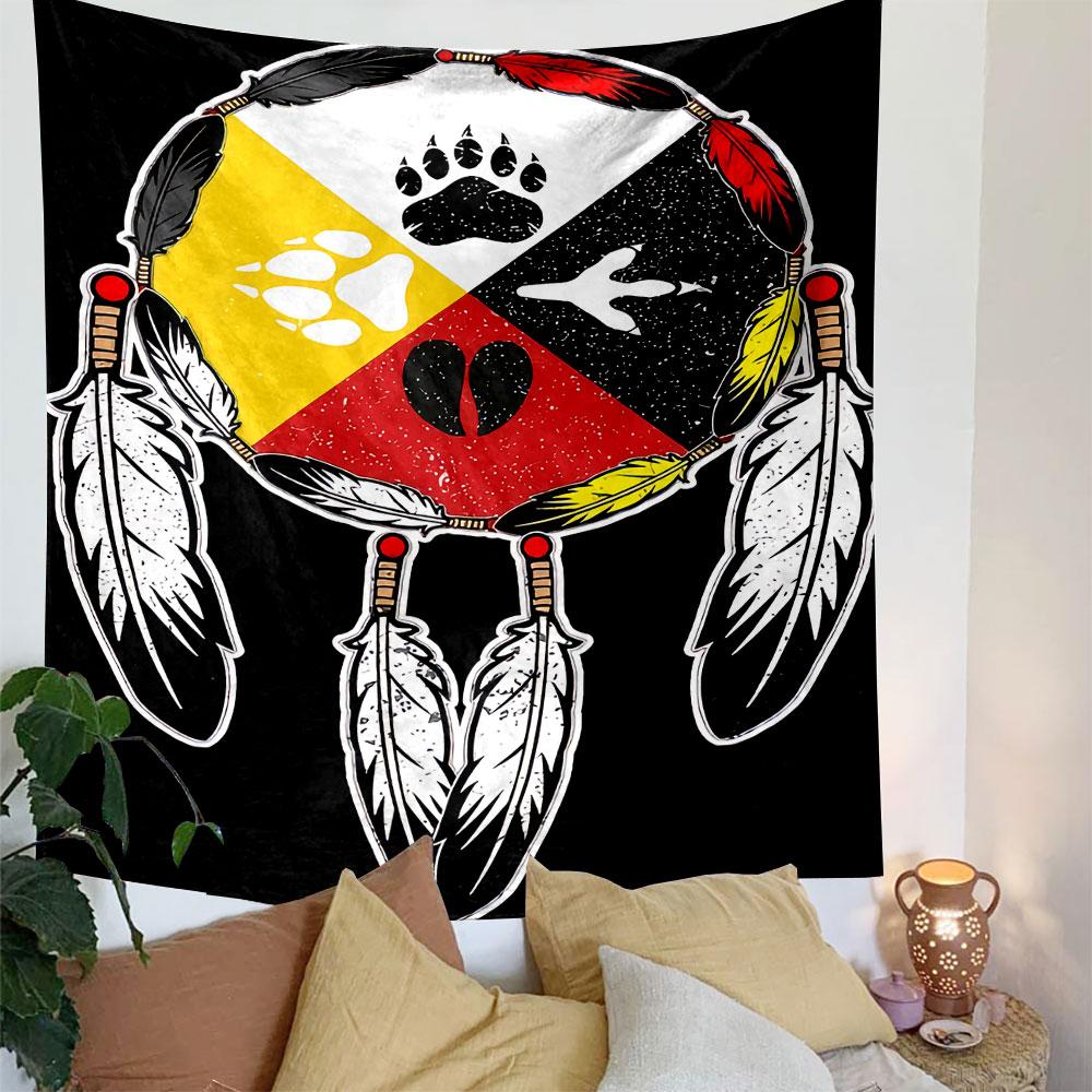 Quartered circle with animal tracks and feathers, in black, red, white, yellow. Patterned tapestry for bedroom and living room home decor