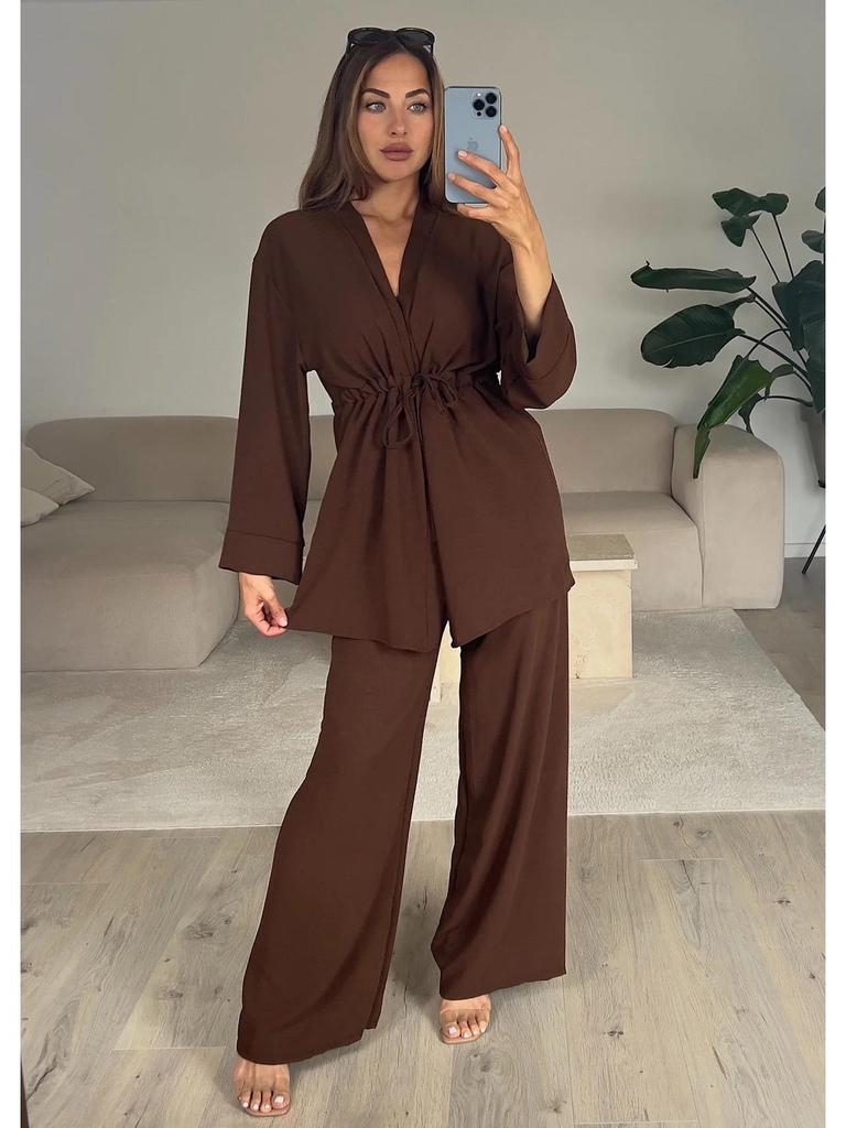 European & American 2025 Casual Tie-Up Top with Long Sleeve and Comfortable Long Pants Set