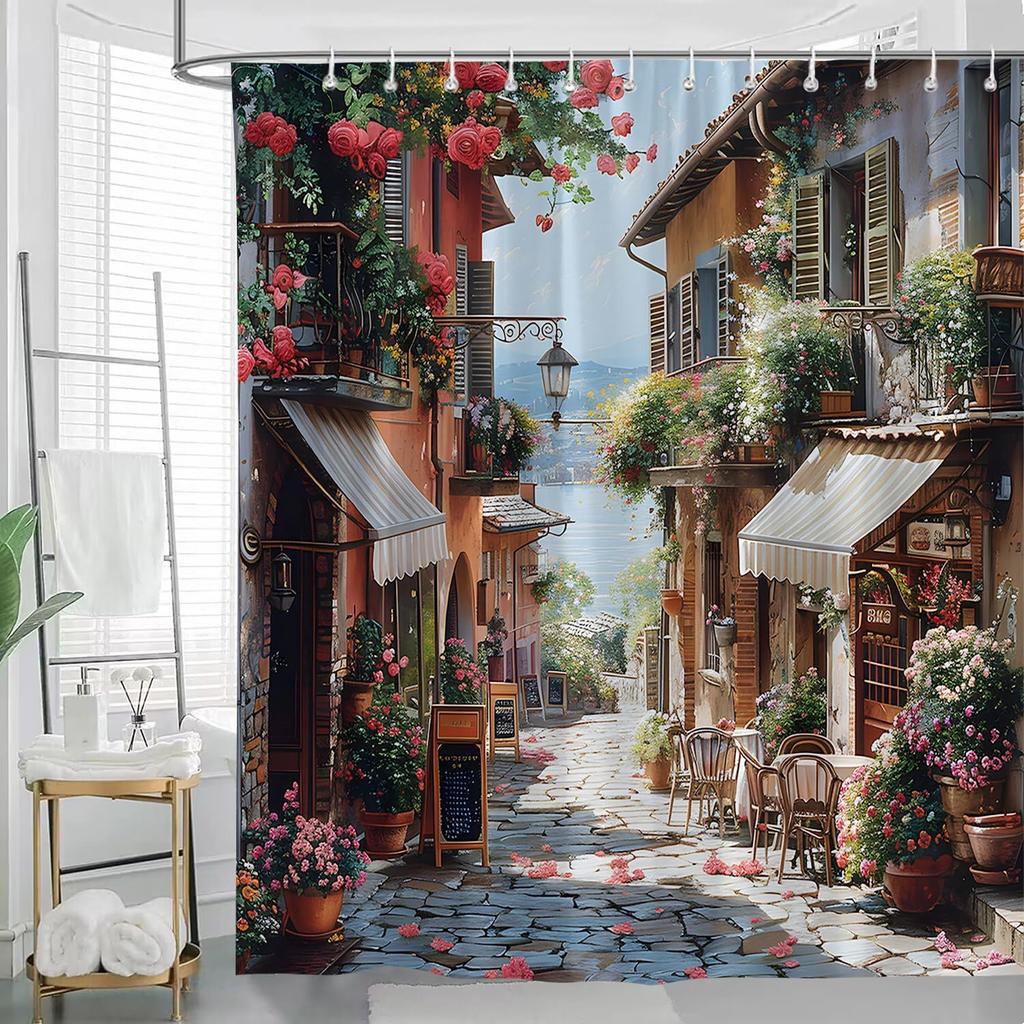 Italy Street Shower Curtain Renaissance Mediterranean Cafe in Tuscany Rustic Floral Farmhouse Scenery Bathroom Decor Curtains