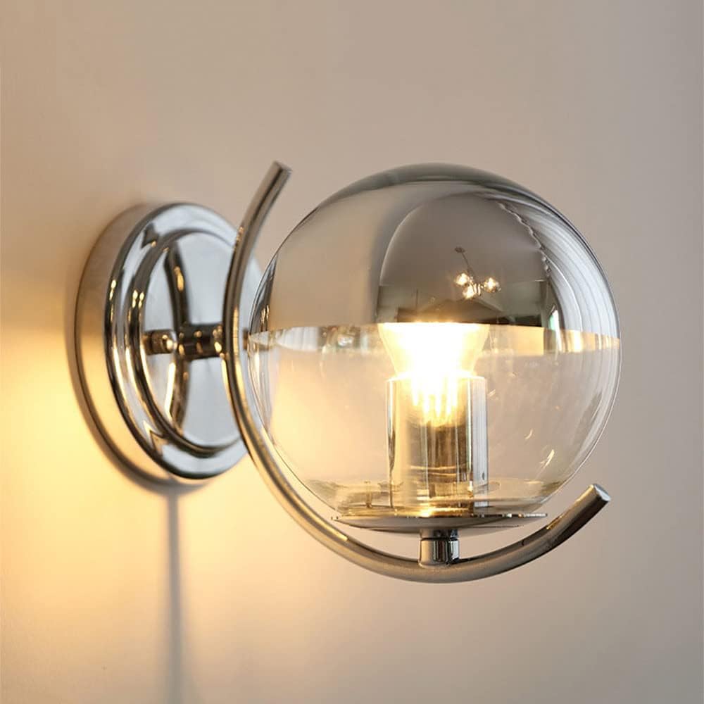 Kinkiet LED do wnętrz, Kinkiet ścienny kulisty Chromowany kinkiet Ścienny Lampa ścienna szklana Nowoczesna Oprawa oświetleniowa do zagłówka w stylu Mid-Century Kinkiety E27 dla