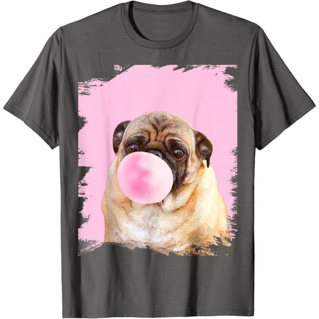 Pug Dog Chewing Pink Gum Graphic Tee Funny Animal Print Casual Crewneck Tshirt For Men