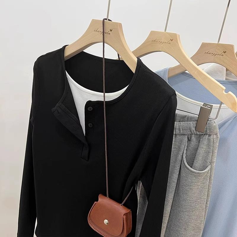 Milk blue plus velvet fake two-piece long-sleeved bottoming shirt for women in autumn and winter with brushed inner, slimming and chic T-shirt top