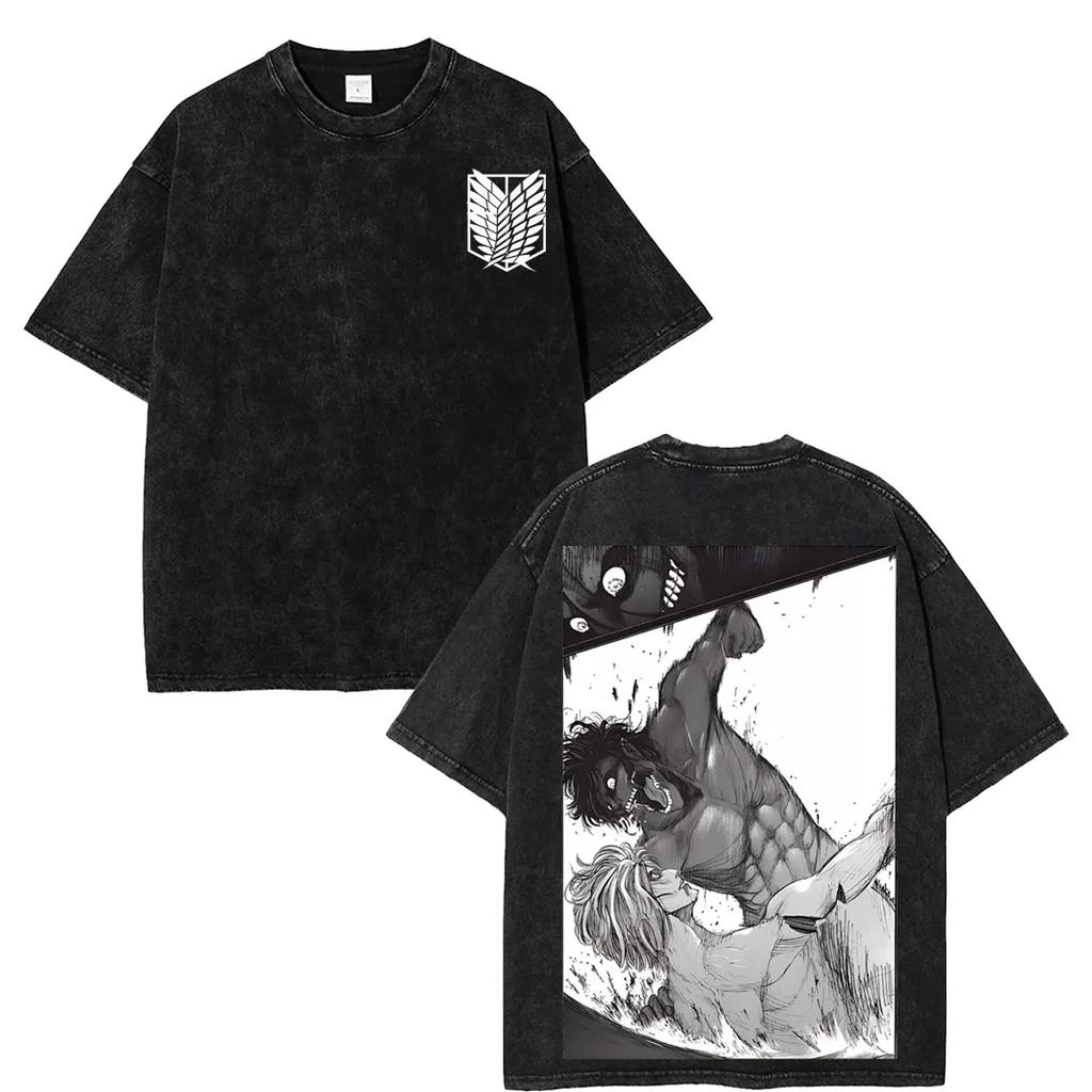 Anime Attack On Titan Eren Grafik T-Shirt Herren Kurzarm Kleidung Lässig Baumwolle T-Shirt Vintage Gewaschenes T-Shirt Übergroße Oberteile