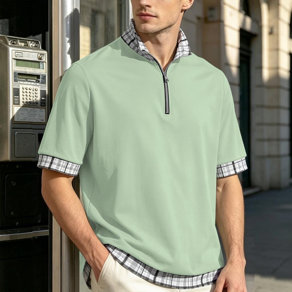 Men's Short Sleeve Polo Shirt with Half Zip Collar Layered Look Casual Loose Fit Big Size Plaid Pattern