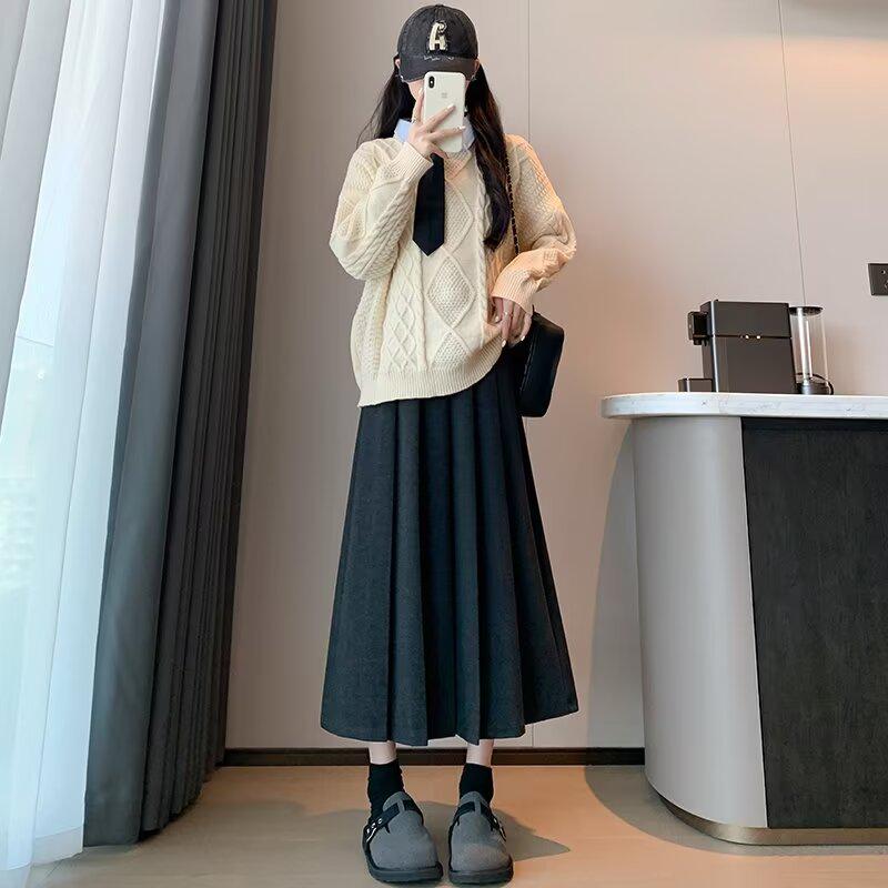 American Retro Plus Size Pleated Wool Skirt - Fashionable Academic Style, High Waist Slimming Design for Trendy Women