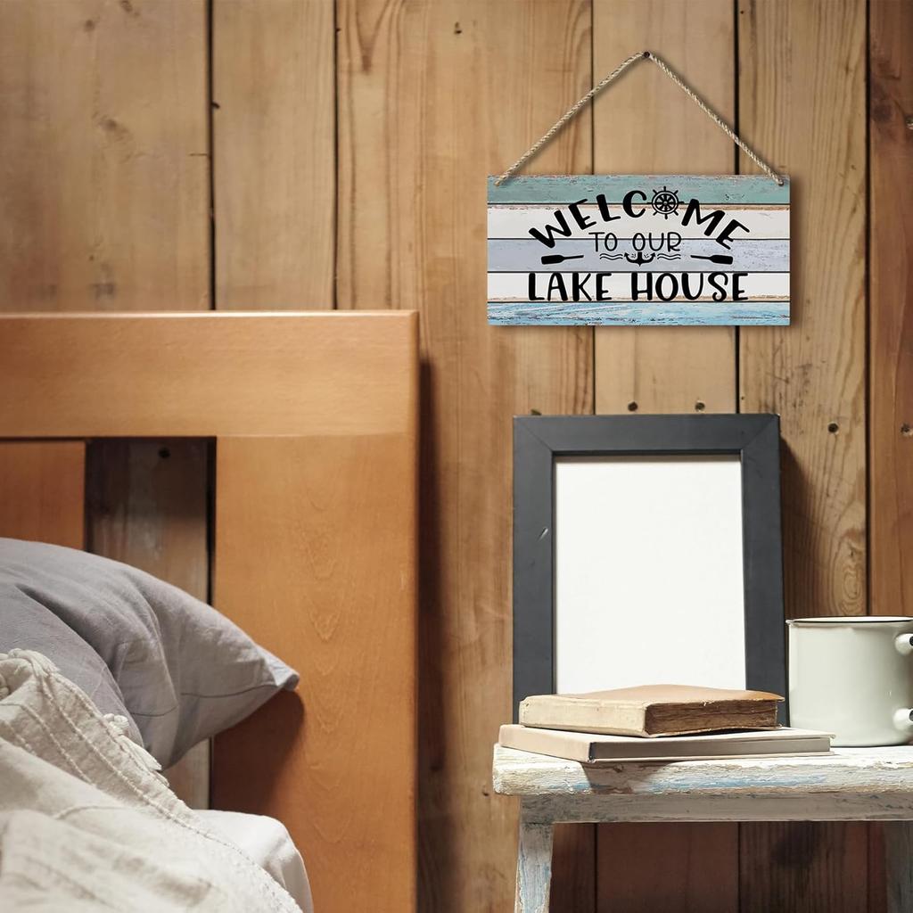 Welcome To Our Lake House Farmhouse Printed Wood Plaque Sign Wall Hanging,Rustic Hanging Wall Signs for Lake House Summer Home Decor 12 X 6 Inches