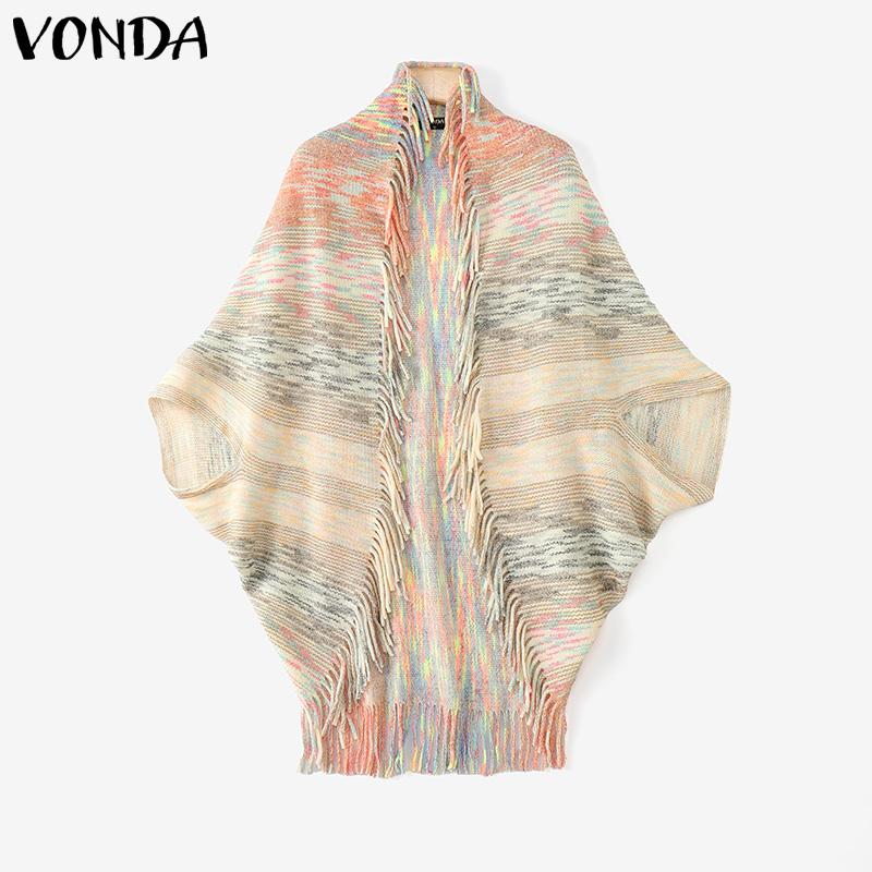 

ZANZEA Women Batwing Long Sleeve Striped Open Front Tassel Hem Casual Knitted Sweaters Cardigans One Size абрикосовый
