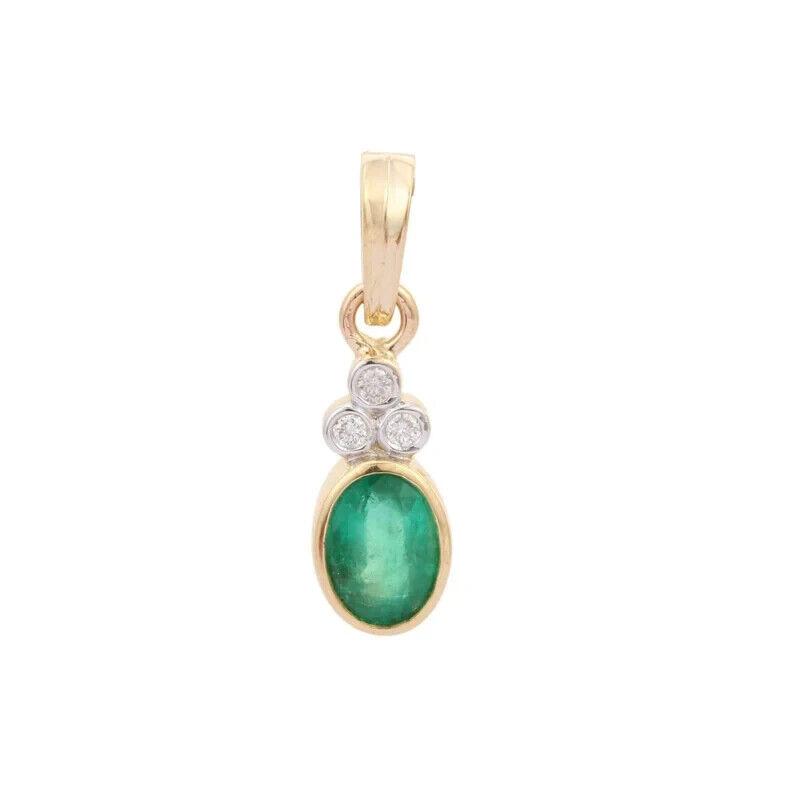 14K Solid Yellow Gold Emerald Pendant Natural Green Emerald Gemstone Dainty Pendant