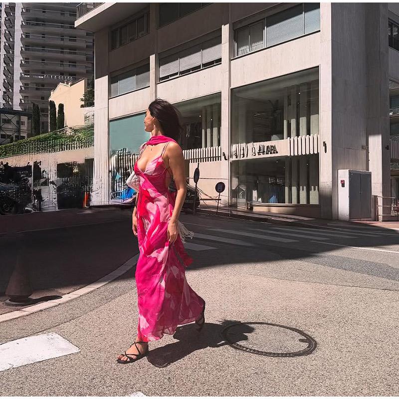 

Women s Neck Hanging Suspender Printed Dress with Slimming Temperament Summer New Style Elegant Women s Suspender Waist Cinching Style Dress S рожевий