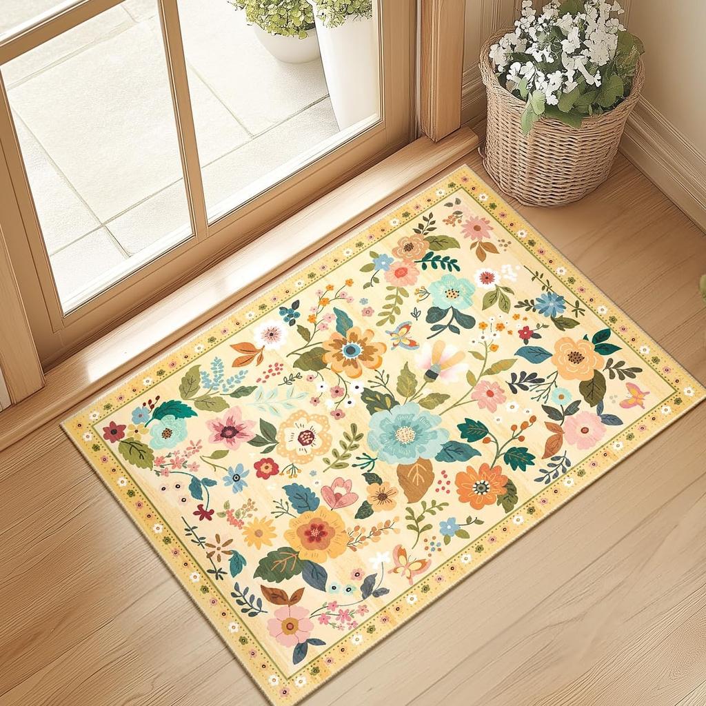 Crystal velvet carpetFloral  Area Rug Machine Washable Soft Print Boho Carpet Non Slip Doormat Low Pile Flower Area Rugs for
