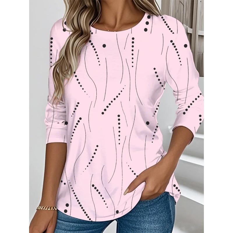 Lente en Herfst Ronde Hals 3D Abstracte Golf Stippen Bedrukte Top Modieuze Casual Lange Mouw Dames T-shirts