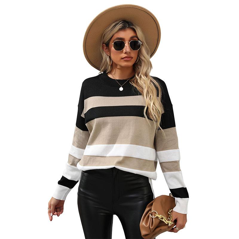 Vintage móda elegantní ležérní podzimní dámský svetr s kulatým výstřihem a dlouhým rukávem