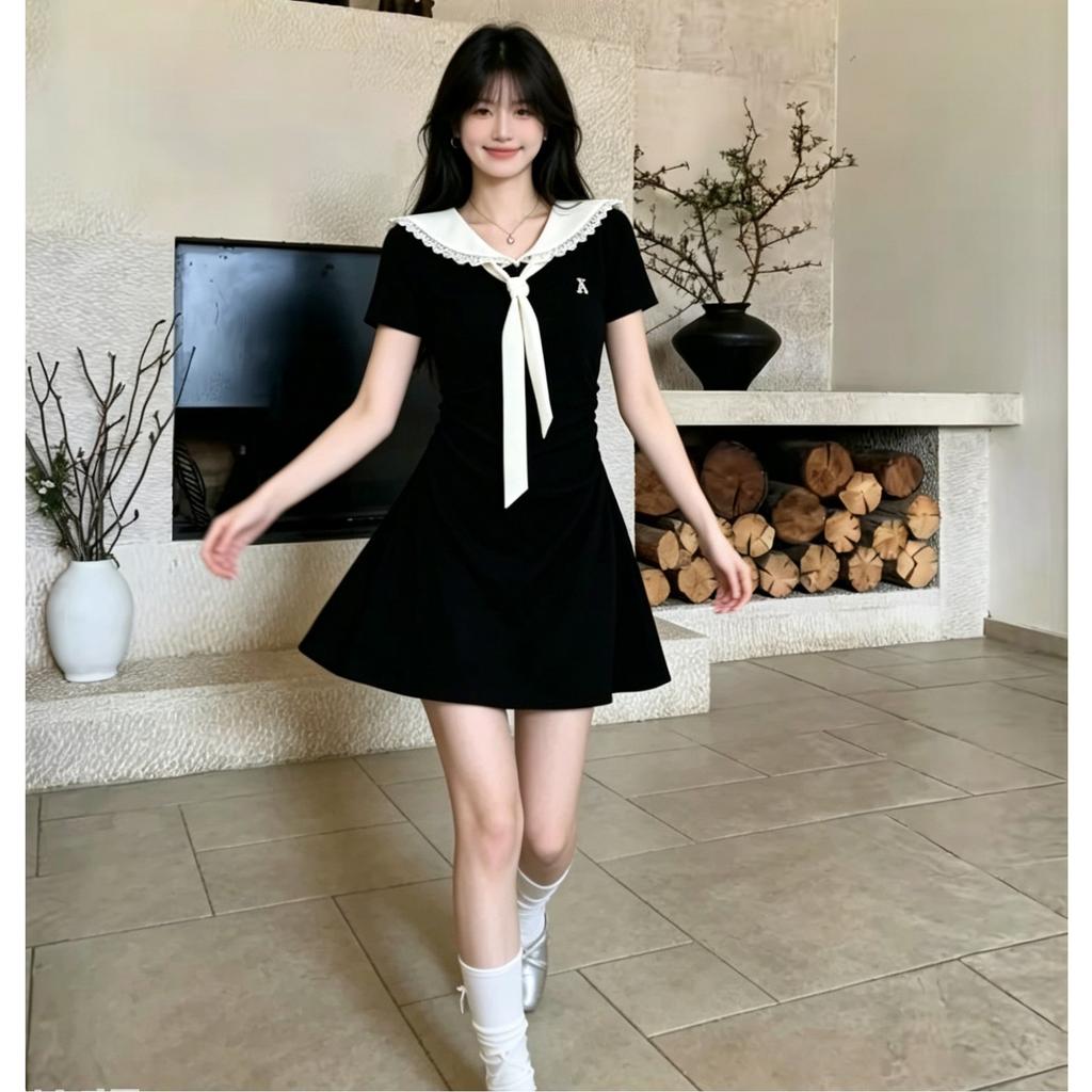 Doll collar lace-up dress for women's summer waist, thin age reduction, college style, girlish feeling, daily versatile short skirt