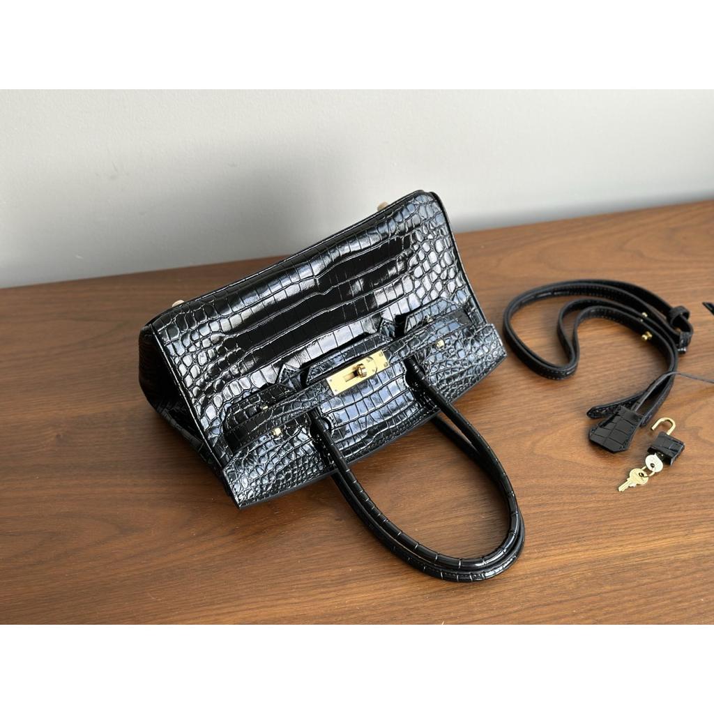 Popular Crocodile Pattern Horizontal Plate Platinum 30cm Genuine Leather Women's Bag, European and American Fashion Cowhide Large Bag, Commuter