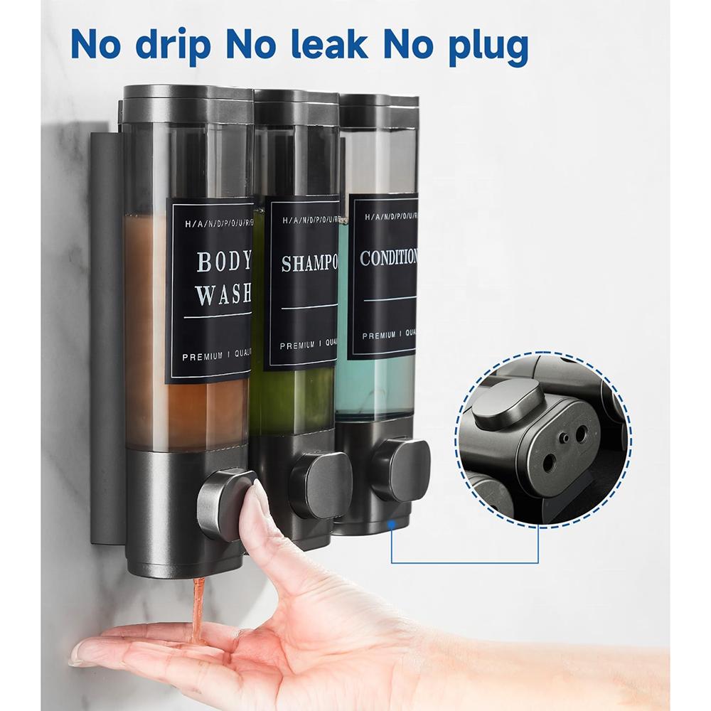 Large Capacity Dark Gray 3-Chamber Wall-Mounted Shampoo Conditioner Dispenser Shower Soap Dispenser for Bathroom Hotel No Drill