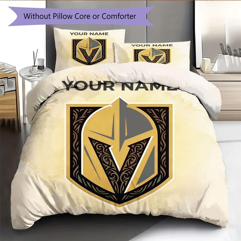 Custom Name,Vegas Golden Knights Pattern Bedding Home Decoration Birthday Gift ( 1 duvet cover + 2 pillowcase, without core),fan merchandise.