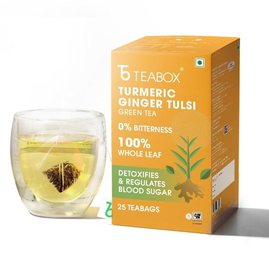 Teabox Turmeric Ginger Tulsi Green Tea Bags 25 Pieces | For Immunity Boosting & Sore Throat Prevention | Made with 100% Whole Leaf