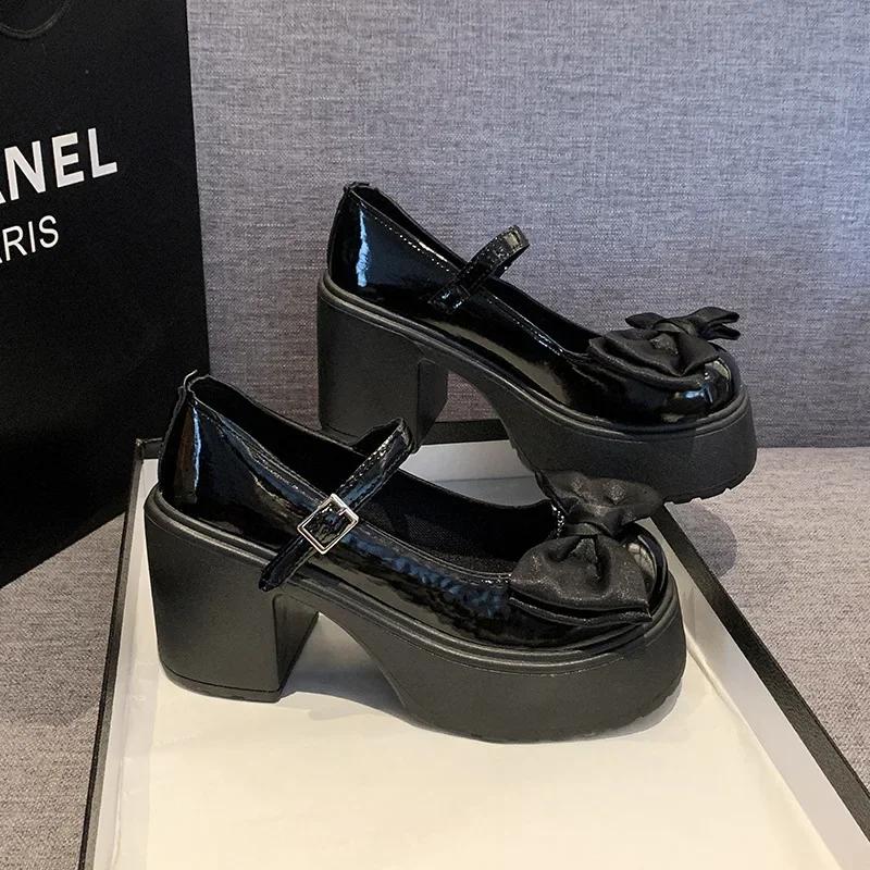 Fashion 2025 Summer New Coarse Heel  Single Shoes Fashion Bowknot Thick Heel Round Toe Pumps Trendy Street Lolita Shoes